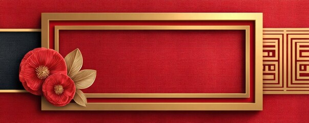 Elegant red background with a gold Chinese-style border frame for festive invitations