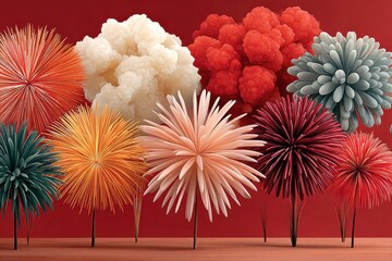 Vibrant paper flowers and fireworks against a warm red background for celebration and festivity