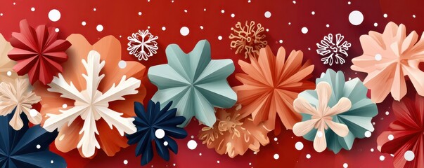 Vibrant red background with colorful paper snowflakes and falling white confetti decor