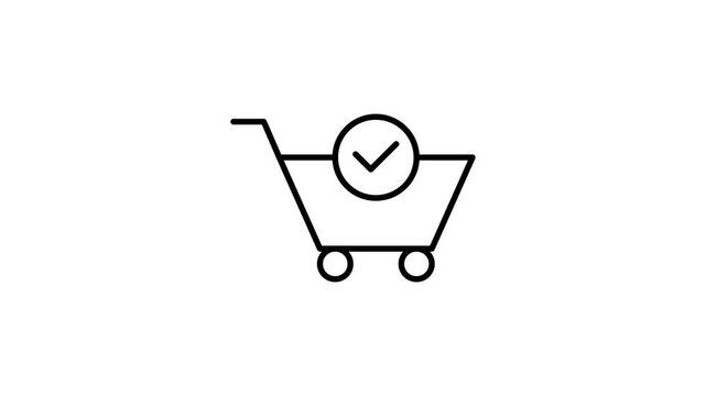 A shopping cart featuring a green tick mark, indicating a completed purchase or selection.
