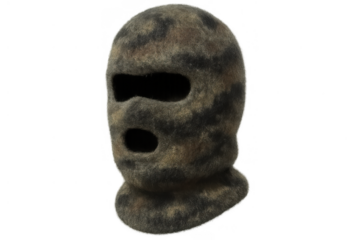 Camouflage balaclava providing warmth and protection for winter sports, military, or tactical activities, transparent background