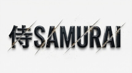 Dark Battle Samurai Kanji and SAMURAI Text Black Metal Typography with Sharp Edged Letters, Diagonal Cut Marks and Clean Dangerous Warrior Logo Style on White Background-Generative AI