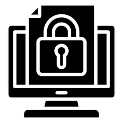 Secure Document Glyph Black Silhouette Icon Design Vector - computer screen displaying a locked document, representing data protection, cybersecurity, or encrypted files