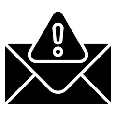 Warning Mail Glyph Black Silhouette Icon Design Vector - envelope with an exclamation mark representing an alert email, warning message, or urgent notification
