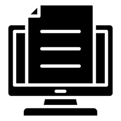 Digital Document Glyph Black Silhouette Icon Design Vector - document displayed on a computer monitor representing digital files, online reading, and virtual paperwork