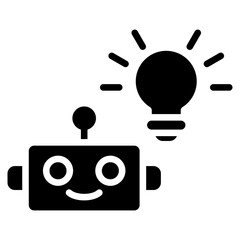 AI Idea Glyph Black Silhouette Icon Design Vector - friendly robot with a glowing light bulb representing AI innovation, creativity, and smart solutions