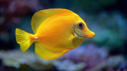 A yellow fish is swimming in a tank. The fish is smiling and he is happy. The tank is decorated with colorful plants and rocks, creating a vibrant and lively atmosphere