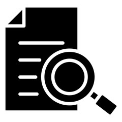Document Review Glyph Black Silhouette Icon Design Vector - paper with a magnifying glass symbolizing document checking, inspection, verification, and analysis