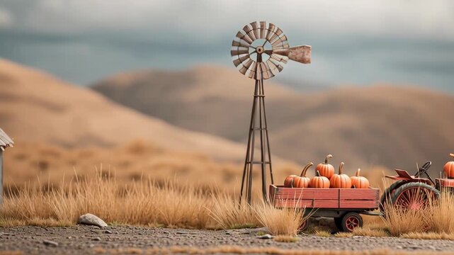 Rustic autumn landscape with windmill and pumpkins on vintage tractor