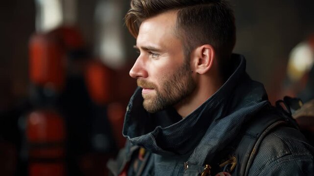 Portrait of a male firefighter in uniform at a fire station showcasing resilience and readiness during a training exercise
