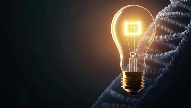 Light bulb with glowing filament and DNA strand