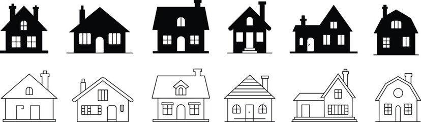 Stylized house icon set, silhouette and outline comparison, architectural design elements, roof and window shapes, residential vector graphic, home structure illustration