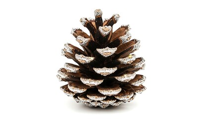 A single pine cone with white tips on a white background.