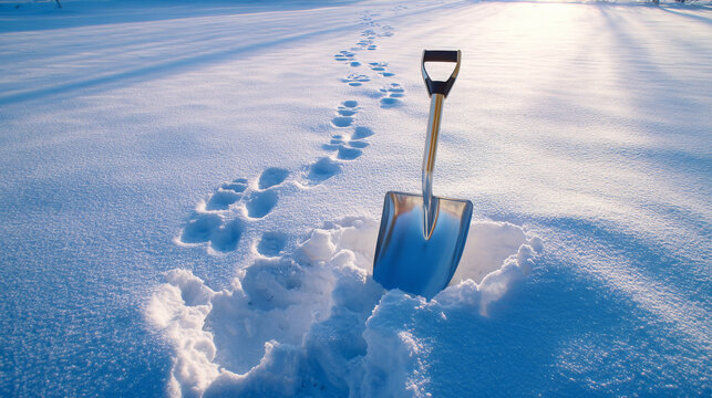 Shovel resting in freshly fallen snow, surrounded by animal tracks leading away, capturing the serene beauty of a winter landscape with soft sunlight illuminating the scene