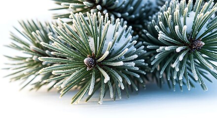 Close up of frosted pine needles on a white background.
