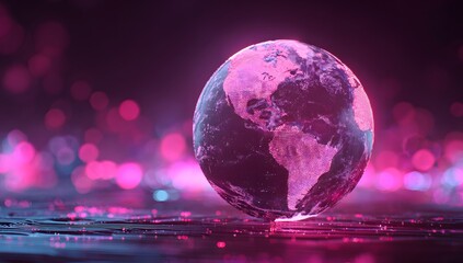 Abstract glowing orb resembling earth with continents illuminated by vibrant neon pink and blue light creating a futuristic cosmic atmosphere