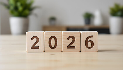 Wooden Blocks Spelling 2026 on Light Table with Blurred Green Plants Background