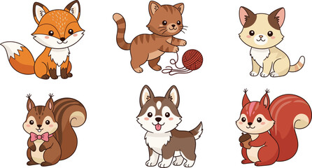 Obraz premium Adorable Vector Collection of Six Cute Cartoon Animals Featuring an Orange Fox, a Tabby Cat Playing with Yarn, a Happy Husky Puppy, and Two Sweet Squirrels with Acorns and a Bow Tie