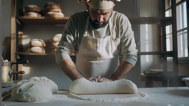 Man baker kneading dough on a floured wooden table, shaping bread loaves in a traditional craft bakery with fresh baked goods.