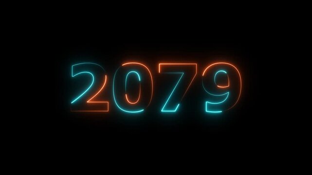 Glowing neon business number 2079 text animation futuristic 4K video.