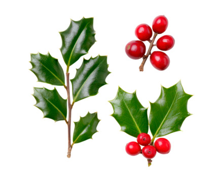 Festive holly leaves and red berries on black background for holiday decoration on transparent background - Powered by Adobe