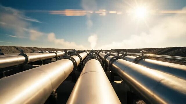 Industrial Metal Pipelines Running Through Open Terrain Under Bright Sun With Modern Energy Infrastructure Hub