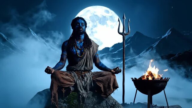 Meditating shiva sits crosslegged on rock under full moon. Shiva holds trident beside meditative pose. Fire burns in brazier nearby. Mountain silhouette frames deity. Mystic yoga and hindu atmosphere.