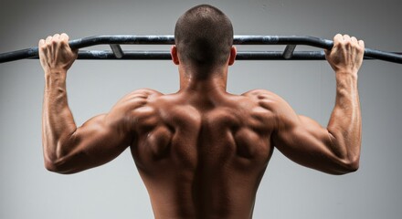 A man's muscular back and arms performing a pull-up on a horizontal bar.