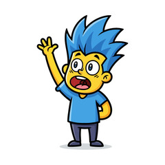Fototapeta premium Cartoon illustration of a surprised boy with blue hair, raising his hand to greet someone.