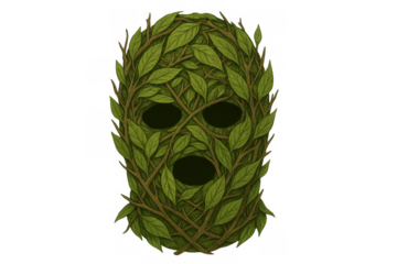 Balaclava mask formed by interwoven green leaves and branches, symbolizing nature, anonymity, and environmental concepts. Transparent background