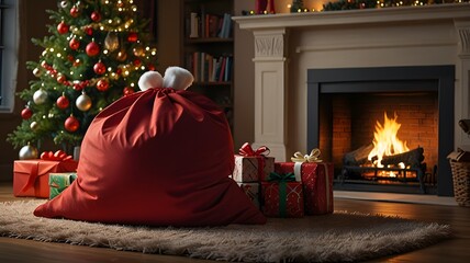 Close Up of Red Christmas Ornament on Green Tree with Warm Bokeh Lights