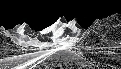 Stunning wireframe landscape of jagged mountain peaks illuminated by a bright light source in a dark environment