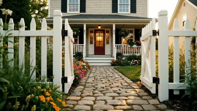 Charming Suburban Home Entrance With White Picket Fence And Cobblestone Pathway Surrounded By Lush Colorful Garden Flowers