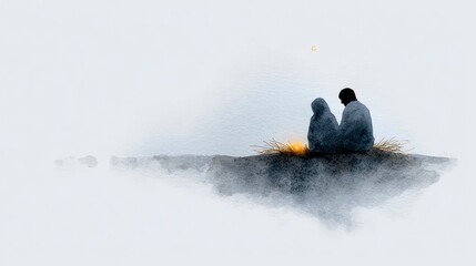 Two silhouetted figures sit beside a small fire under a single star couple