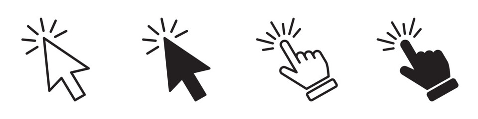 Click cursor icon set with minimal linear and solid symbols including mouse pointer, hand click, tap gesture and click effect elements for UI, apps, websites and digital interfaces in modern outline s
