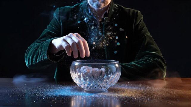 Man drops powder into bowl. Hand hovers above glass crystal bowl. Smoke and glitter rise across table. Beard and jacket frame action. Sparkle flecks scatter over bowl. Powder lifts into glitter cloud.