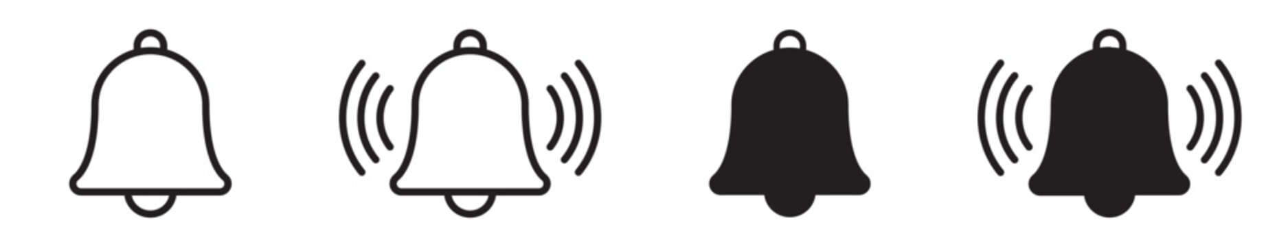 Notification bell icon set with minimal linear and solid symbols including alert bell, ringing effect, reminder, sound notification and alarm elements in clean modern outline style &ndash; stock vector