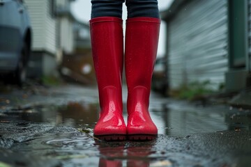 Woman wearing red rubber boots standing in a puddle in the rain