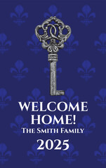 Vector banner or custom, personalized alcohol bottle label featuring a key. With vintage lettering, font, and decor. Suitable for housewarmings, anniversaries, and celebrations. No AI.