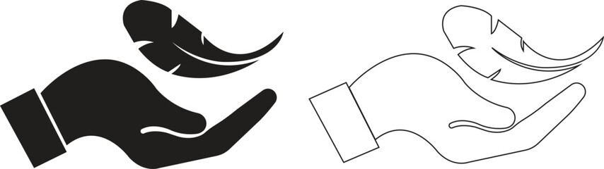 Feather in hand icon set. Gentle touch concepts, minimalist nature graphics, lightness illustrations for creative design collection and beauty product badge vectors in black flat and outline styles.