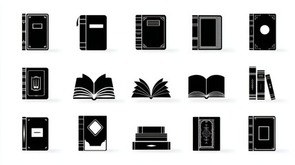 Book silhouette vector set featuring classic and modern open and closed book icons in clean minimal style on white background for education literature library and reading concepts