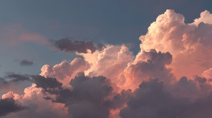 The sky is filled with fluffy white clouds, and the sun is setting in the background. The clouds are pink and orange, creating a warm and peaceful atmosphere