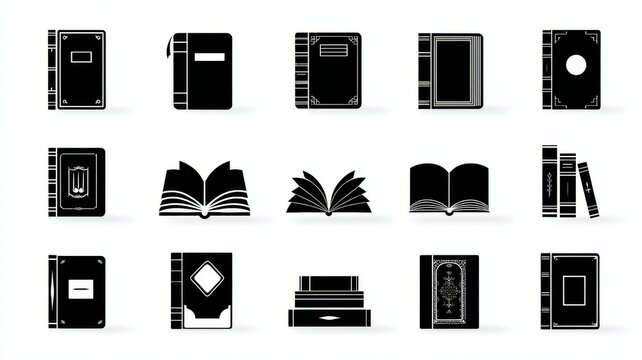 Book silhouette vector set featuring classic and modern open and closed book icons in clean minimal style on white background for education literature library and reading concepts