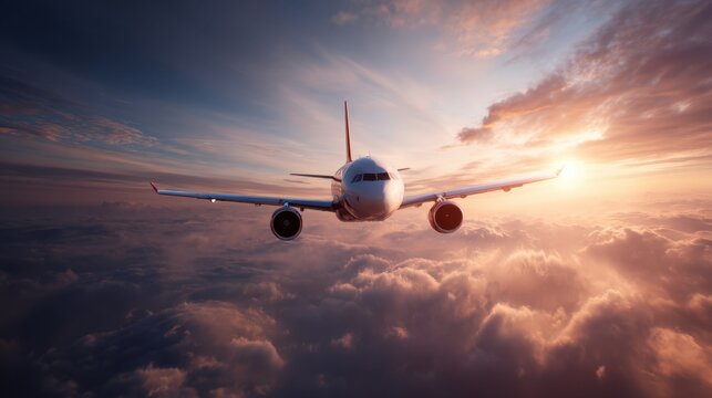 A large white airplane is flying through a cloudy sky. The sky is a mix of blue and orange, creating a warm and peaceful atmosphere