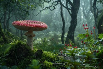 Naklejka premium Fly agaric mushroom growing on mossy ground in magical foggy forest with small red flowers