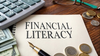 Financial Literacy Concept with Calculator, Money, Coins, Pen, and Notes on Wooden Desk for Financial Education and Planning