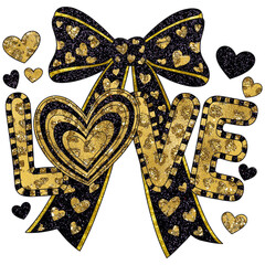 Sparkling golden love design with hearts and bow, perfect for Valentine's Day gifts, romantic cards, and wedding decorations, creating a heartfelt celebration