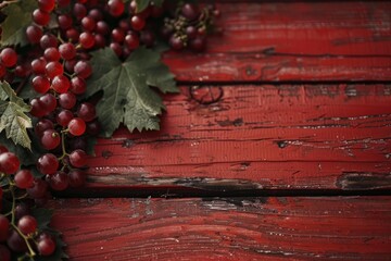 Obraz premium Ripe red grapes and vine leaves create a vibrant display on a weathered red wooden table, ideal for food and drink backgrounds