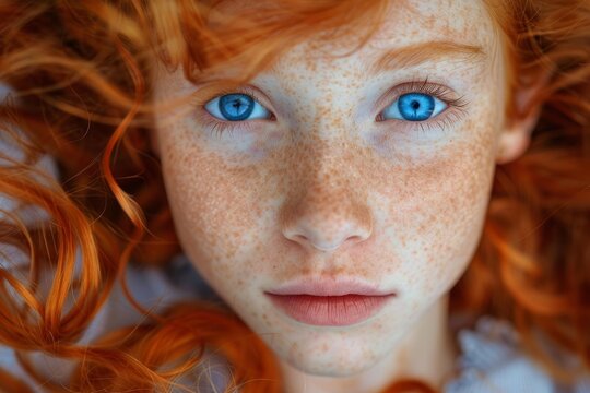 Close up portrait of a confident young girl with vibrant red hair, striking blue eyes, and a face full of freckles