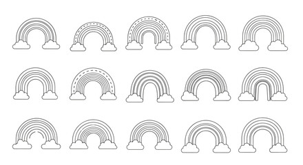 Fototapeta premium Minimalist black and white outline illustrations of rainbows with clouds, offering a variety of arch styles for creative projects.